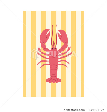 A pink lobster against a background of yellow and white vertical stripes in a flat style. A pink lobster against a background of yellow and white vertical stripes in a flat style. 139391174