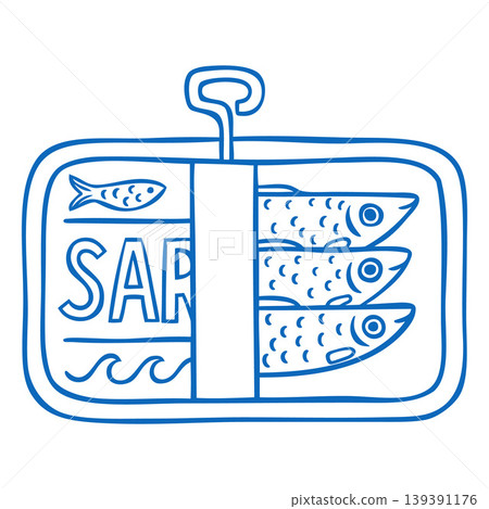 Sardines fish in can blue line art vector icon, Mediterranean menu doodle design element, canned seafood Italian sketch Sardines fish in can blue line art vector icon, Mediterranean menu doodle design element, canned seafood Italian sketch 139391176