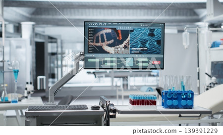 Empty pharmacology laboratory equipped for analysis and dosage testing, showcasing the foundation of research, healthcare progress and scientific innovation in medicine and biotechnology. 139391229