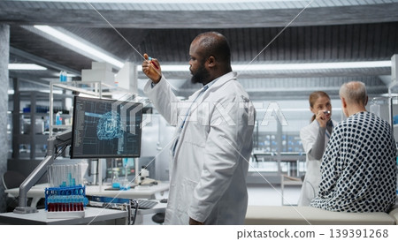 Black doctor conducting analysis with AI machine learning in laboratory, collecting research data and testing a new drug formula. Observing treatment effects and health reactions. Camera A. Black doctor conducting analysis with AI machine learning in laboratory, collecting research data and testing a new drug formula. Observing treatment effects and health reactions. Camera A. 139391268