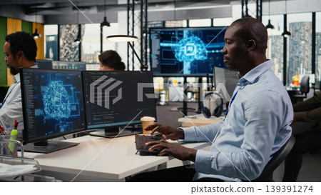 Software developers in startup office work with artificial intelligence driving market innovation. Tech agency IT experts apply deep learning to optimize operations and efficiency, camera A Software developers in startup office work with artificial intelligence driving market innovation. Tech agency IT experts apply deep learning to optimize operations and efficiency, camera A 139391274