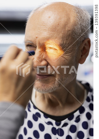 Close up of woman scientist conducting a medical study on old patient, checking vitals with light pen for drug testing and possible launch of treatment. Progress in pharmacology and science. Close up of woman scientist conducting a medical study on old patient, checking vitals with light pen for drug testing and possible launch of treatment. Progress in pharmacology and science. 139391398