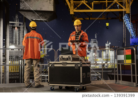 Male offshore engineer monitoring oil rig platform operation using tablet, ensuring efficient industrial activity to facilitate natural gas and petroleum extraction. Pumping fossil fuels. Male offshore engineer monitoring oil rig platform operation using tablet, ensuring efficient industrial activity to facilitate natural gas and petroleum extraction. Pumping fossil fuels. 139391399