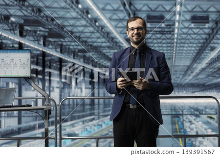Portrait of smiling man in microchip smart factory using MES software to optimize production lines workflow. Happy manager tracking semiconductor production hardware performance metrics Portrait of smiling man in microchip smart factory using MES software to optimize production lines workflow. Happy manager tracking semiconductor production hardware performance metrics 139391567