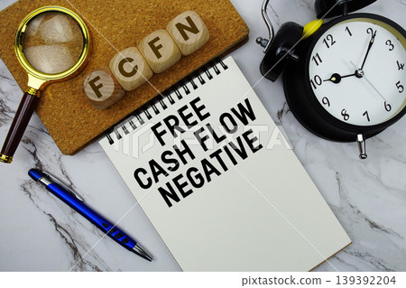 FCFN Free Cash Flow Negative text written on notepad with calculator and magnifying glass on marble background FCFN Free Cash Flow Negative text written on notepad with calculator and magnifying glass on marble background 139392204