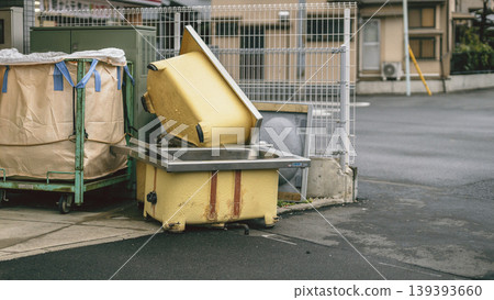 Old bathtub waste piled up outdoors Old bathtub waste piled up outdoors 139393660