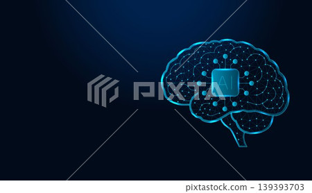 Low poly wireframe human brain artificial intelligence on dark blue background. Low poly wireframe human brain artificial intelligence on dark blue background. 139393703