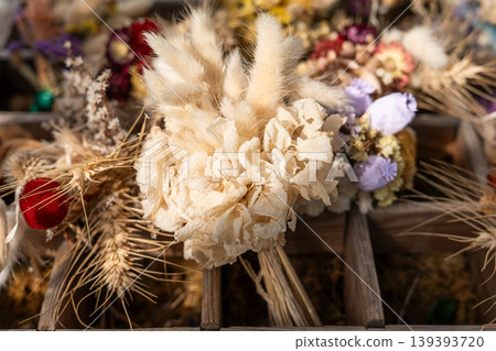 Rustic dried flower bouquets with wheat lagurus and grasses craft market 139393720