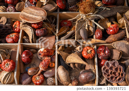 Colorful potpourri selection with pods berries cones in wooden organizer at market Colorful potpourri selection with pods berries cones in wooden organizer at market 139393721