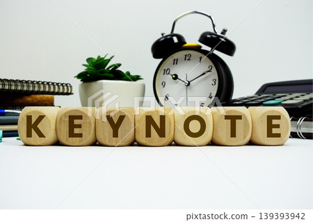 KEYNOTE alphabet letters with alarm clock and calculator on white background KEYNOTE alphabet letters with alarm clock and calculator on white background 139393942