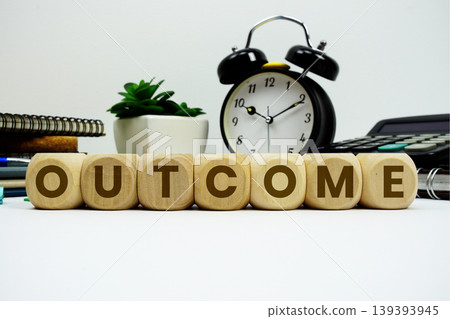 OUTCOME alphabet letters with alarm clock and calculator on white background OUTCOME alphabet letters with alarm clock and calculator on white background 139393945