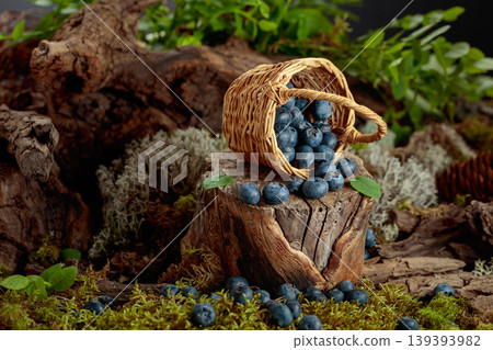 Small wicker basket filled with ripe blueberries. Small wicker basket filled with ripe blueberries. 139393982