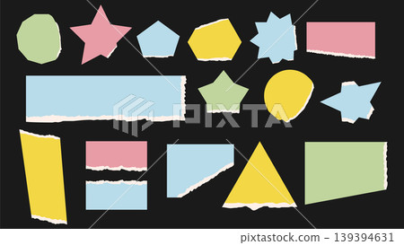 Ripped paper frames and abstract shapes. Vector set of torn background elements, banners, and cutout design objects for collage. Ripped paper frames and abstract shapes. Vector set of torn background elements, banners, and cutout design objects for collage. 139394631
