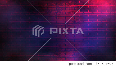 Dark Cyber Brick Wall Texture. Neon Glow Background Dark Cyber Brick Wall Texture. Neon Glow Background 139394697