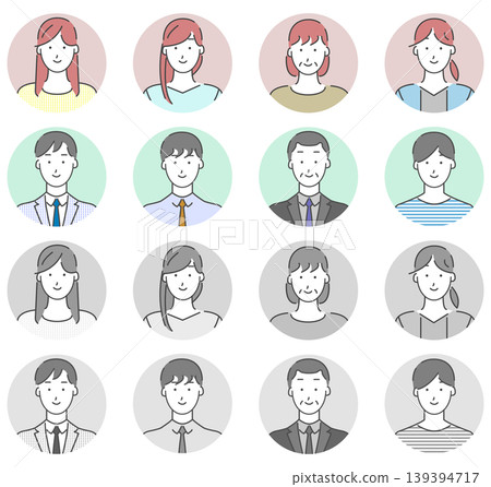 Figure, upper body, front view, monochrome and color, set Figure, upper body, front view, monochrome and color, set 139394717