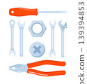 Set of tools for carpentry service, repair service, isolated on white background. Pliers, screwdriver, wrenches. Vector illustration. 139394853