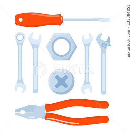 Set of tools for carpentry service, repair service, isolated on white background. Pliers, screwdriver, wrenches. Vector illustration. Set of tools for carpentry service, repair service, isolated on white background. Pliers, screwdriver, wrenches. Vector illustration. 139394853