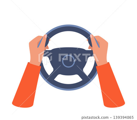 Human hands holding car steering wheel. Auto part for control drive and turn. Leather automobile steering wheel with mode and vehicle horn button. Vector illustration. 139394865