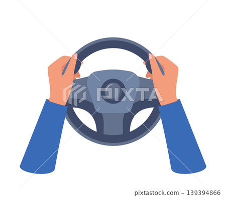 Human hands holding car steering wheel. Auto part for control drive and turn. Leather automobile steering wheel with mode and vehicle horn button. Vector illustration. Human hands holding car steering wheel. Auto part for control drive and turn. Leather automobile steering wheel with mode and vehicle horn button. Vector illustration. 139394866