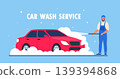Car washing. Male car washer character and auto. Cleanliness and hygiene. Advertising poster or banner for website. Marketing and promotion. Vector illustration 139394868