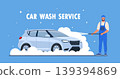 Car washing. Male car washer character and auto. Cleanliness and hygiene. Advertising poster or banner for website. Marketing and promotion. Vector illustration 139394869