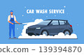 Car washing. Male car washer character and auto. Cleanliness and hygiene. Advertising poster or banner for website. Marketing and promotion. Vector illustration 139394870