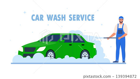Car washing. Male car washer character and auto. Cleanliness and hygiene. Advertising poster or banner for website. Marketing and promotion. Vector illustration Car washing. Male car washer character and auto. Cleanliness and hygiene. Advertising poster or banner for website. Marketing and promotion. Vector illustration 139394872