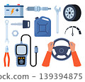 Car service, maintenance and repair elements. Car assembly, production. Mechanics checks and maintains, car on lift in service workshop. Vector illustration. 139394875