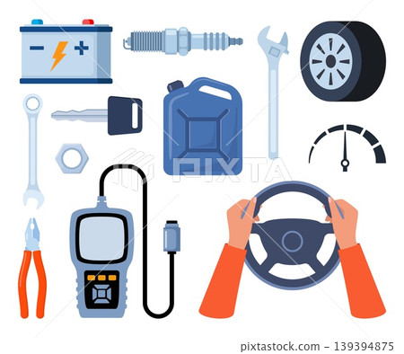 Car service, maintenance and repair elements. Car assembly, production. Mechanics checks and maintains, car on lift in service workshop. Vector illustration. 139394875