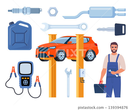 Car service, maintenance and repair elements. Car assembly, production. Mechanics checks and maintains, car on lift in service workshop. Vector illustration. Car service, maintenance and repair elements. Car assembly, production. Mechanics checks and maintains, car on lift in service workshop. Vector illustration. 139394876