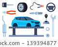 Car service, maintenance and repair elements. Car assembly, production. Mechanics checks and maintains, car on lift in service workshop. Vector illustration. 139394877