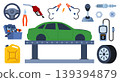 Car service, maintenance and repair elements. Car assembly, production. Mechanics checks and maintains, car on lift in service workshop. Vector illustration. 139394879