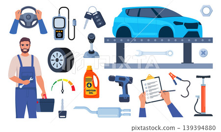 Car service, maintenance and repair elements. Car assembly, production. Mechanics checks and maintains, car on lift in service workshop. Vector illustration. Car service, maintenance and repair elements. Car assembly, production. Mechanics checks and maintains, car on lift in service workshop. Vector illustration. 139394880