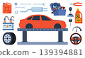Car service, maintenance and repair elements. Car assembly, production. Mechanics checks and maintains, car on lift in service workshop. Vector illustration. 139394881