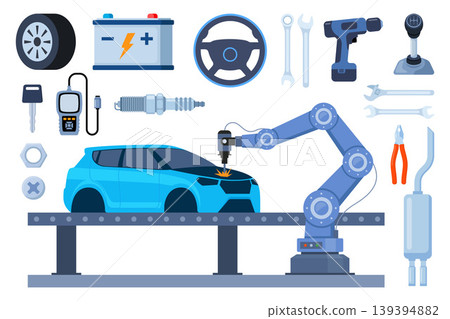 Car service, maintenance and repair elements. Car assembly, production. Mechanics checks and maintains, car on lift in service workshop. Vector illustration. Car service, maintenance and repair elements. Car assembly, production. Mechanics checks and maintains, car on lift in service workshop. Vector illustration. 139394882
