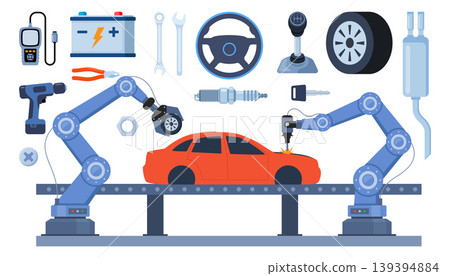Car service, maintenance and repair elements. Car assembly, production. Mechanics checks and maintains, car on lift in service workshop. Vector illustration. Car service, maintenance and repair elements. Car assembly, production. Mechanics checks and maintains, car on lift in service workshop. Vector illustration. 139394884