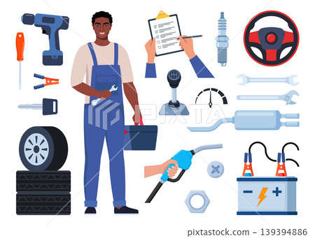 Car service, maintenance and repair elements. Car assembly, production. Mechanics checks and maintains, car on lift in service workshop. Vector illustration. Car service, maintenance and repair elements. Car assembly, production. Mechanics checks and maintains, car on lift in service workshop. Vector illustration. 139394886