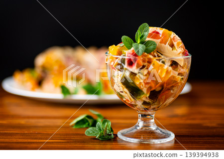delicious layered jelly dessert with coffee and fruit flavors 139394938