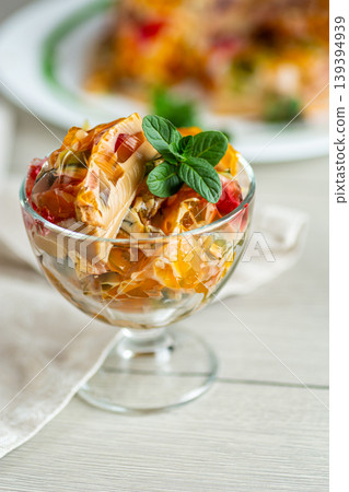 elegant dessert presentation with layered coffee fruit jelly 139394939