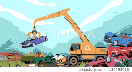 Car dump landscape. Industrial scene, piles of rusty automobiles, broken abandoned vehicles recycling, crane lifts metal body, grapple excavator nowaday vector cartoon isolated concept 139395016