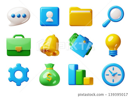 Cartoon 3d office icons. Three dimensional glossy elements, render style glossy business, job communication symbols, financial objects, gear and graph for user interface, classy vector set Cartoon 3d office icons. Three dimensional glossy elements, render style glossy business, job communication symbols, financial objects, gear and graph for user interface, classy vector set 139395017
