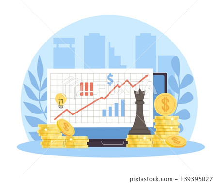 Digital financial growth. Online management analytics, strategic market planning, business analytics, making investment success profit, coins and chess cartoon isolated vector concept Digital financial growth. Online management analytics, strategic market planning, business analytics, making investment success profit, coins and chess cartoon isolated vector concept 139395027