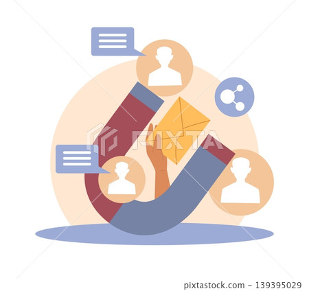 E marketing for digital campaign. Audience engagement, expanding girths, new followers, hand holds envelope, direct messaging, feedback customers chat, vector cartoon isolated concept E marketing for digital campaign. Audience engagement, expanding girths, new followers, hand holds envelope, direct messaging, feedback customers chat, vector cartoon isolated concept 139395029