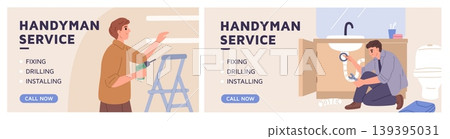 Handyman banner. Master of minor home repairs, man with drill, guy repairs sink drain, private service advertisement, professional maintenance service garish vector cartoon isolated concept Handyman banner. Master of minor home repairs, man with drill, guy repairs sink drain, private service advertisement, professional maintenance service garish vector cartoon isolated concept 139395031
