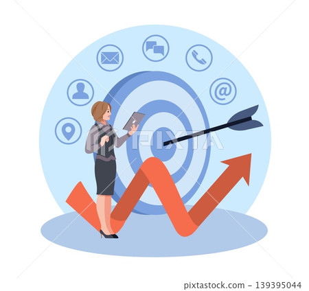 High return on investment. Social media marketing communication, online content, aim with arrow in center, businesswoman near target, strategy management vector cartoon isolated concept 139395044