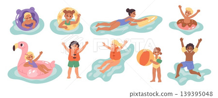 Kids safety in water. Happy children with inflatable mattresses, life jackets and rings, aquapark characters in pool floats, swimming leisure activities, garish vector cartoon isolated set Kids safety in water. Happy children with inflatable mattresses, life jackets and rings, aquapark characters in pool floats, swimming leisure activities, garish vector cartoon isolated set 139395048