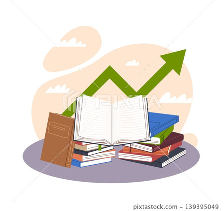 Knowledge growth. Educational development, continuous skills learning, student resources, lots of books with upward chart, academic information development vector cartoon isolated concept Knowledge growth. Educational development, continuous skills learning, student resources, lots of books with upward chart, academic information development vector cartoon isolated concept 139395049