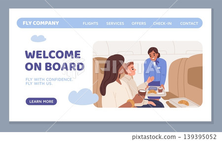 Passengers on plane landing. Airline website, online ticket purchase, flight registration and navigation menu ordering, service, web banner design, garish vector cartoon isolated concept Passengers on plane landing. Airline website, online ticket purchase, flight registration and navigation menu ordering, service, web banner design, garish vector cartoon isolated concept 139395052