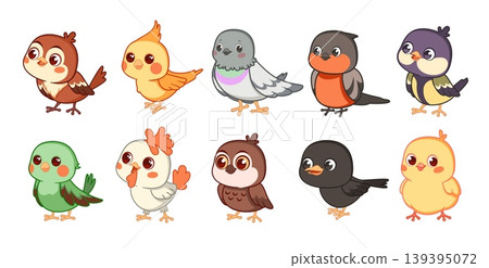 Bird breeds. Funny little feathered friends, kids design, cute cartoon characters, adorable sparrow, pigeon, titmouse and bullfinch, wildlife colorful animals tidy vector isolated mascot set Bird breeds. Funny little feathered friends, kids design, cute cartoon characters, adorable sparrow, pigeon, titmouse and bullfinch, wildlife colorful animals tidy vector isolated mascot set 139395072