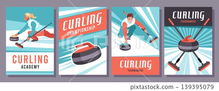 Curling sport cards. Professional athletes push round granite stones on ice, team game, path trajectory, brushes and brooms, vertical posters or prints tidy vector cartoon isolated set Curling sport cards. Professional athletes push round granite stones on ice, team game, path trajectory, brushes and brooms, vertical posters or prints tidy vector cartoon isolated set 139395079